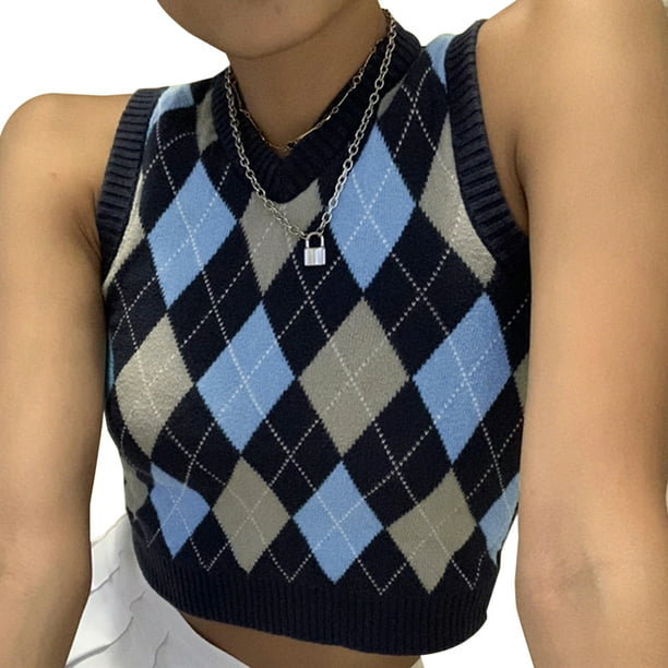 Women Girl Retro V Neck Sleeveless Plaid Knitted Crop Vest Pullover Sweater Top~